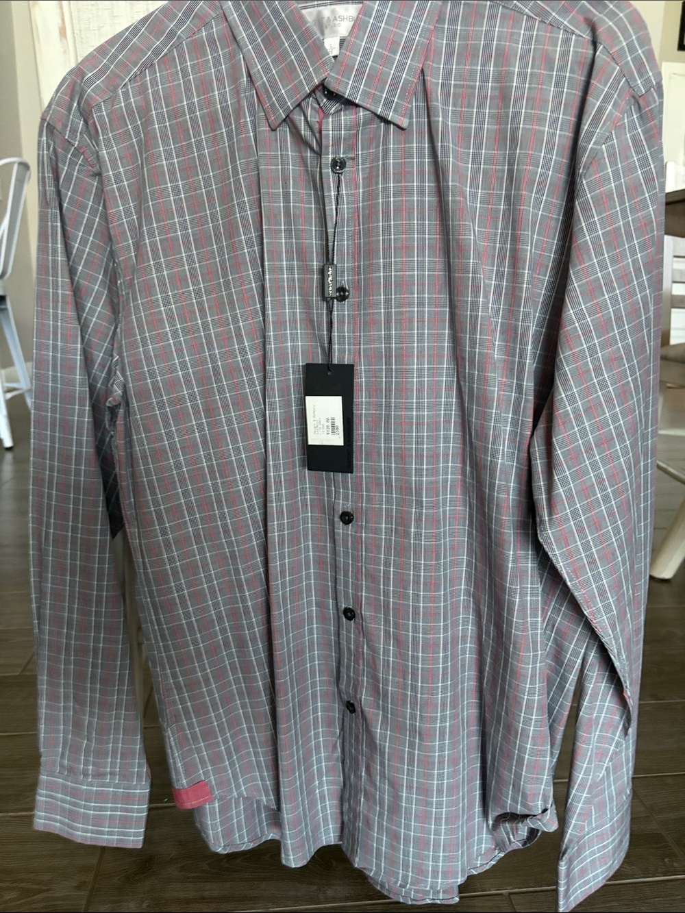 Men's Long-Sleeve Plaid Dress Shirt - Gray with Red Windowpane